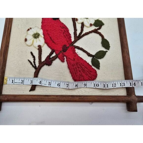 Vintage Handmade Cardinal & Dogwood Punch Needle Art In Wooden Frame - Picture 8 of 10